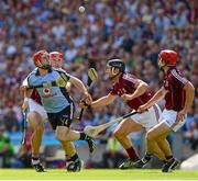 7 July 2013; David Treacy, Dublin, in action against Iarla Tannian, David Collins and Fergal Moore, Galway. Leinster GAA Hurling Senior Championship Final, Galway v Dublin, Croke Park, Dublin. Picture credit: Ray McManus / SPORTSFILE