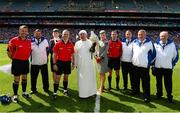 7 July 2013; Referee Johnny Ryan and his officials with Etihad cabin crew Carmen Potecka and Jekaterina Dremova with falconer Bryan Paterson and his Gyrfalcon 'Fern' before the game. Leinster GAA Hurling Senior Championship Final, Galway v Dublin, Croke Park, Dublin. Picture credit: Ray McManus / SPORTSFILE
