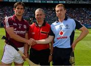 7 July 2013; Referee Johnny Ryan with rival captains Fergal Moore, Galway, and John McCarrfey, Dublin, before the game. Leinster GAA Hurling Senior Championship Final, Galway v Dublin, Croke Park, Dublin. Picture credit: Ray McManus / SPORTSFILE