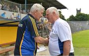 6 July 2013; Clare manager Mick O'Dwyer exchanges a handshake with Olly Byrne, Laois Football County Board secretary. GAA Football All-Ireland Senior Championship, Round 2, Clare v Laois, Cusack Park, Ennis, Co. Clare. Picture credit: Diarmuid Greene / SPORTSFILE