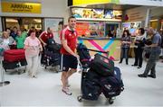10 July 2013; Tommy Bowe, right, and Rory Best, British & Irish Lions, pictured on their arrival home following the side's series victory over Australia in the British & Irish Lions Tour 2013. George Best Belfast City Airport, Belfast, Co. Antrim. Picture credit: John Dickson / SPORTSFILE