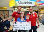 10 July 2013; Tommy Bowe, left, and Rory Best, British & Irish Lions, pictured with Ulster Rugby supporters Nicola Woods and her ten month old son Daniel on their arrival home following the side's series victory over Australia in the British & Irish Lions Tour 2013. George Best Belfast City Airport, Belfast, Co. Antrim. Picture credit: John Dickson / SPORTSFILE