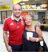 10 July 2013; Rory Best, British & Irish Lions, pictured with Ulster supporter Jacqui Rock on his arrival home following the side's series victory over Australia in the British & Irish Lions Tour 2013. George Best Belfast City Airport, Belfast, Co. Antrim. Picture credit: John Dickson / SPORTSFILE