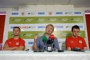 10 July 2013; St Patrick’s Athletic manager Liam Buckley, centre, with Ger O'Brien, left, and Brendan Clarke, during a press conference ahead of their UEFA Europa League First Qualifying Round, Second Leg, game against VMFD Zalgiris on Thursday. St Patrick's Athletic Press Conference, Richmond Park, Dublin. Picture credit: Brian Lawless / SPORTSFILE