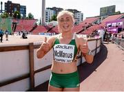 11 July 2013; Team Ireland's Catherine McManus celebrates after winning her round 1 heat of the Women's 100m equalling her personal best time of 11:74sec. European Athletics U23 Championships, Tampere, Finland. Photo by Sportsfile