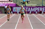 11 July 2013; Team Ireland's Catherine McManus, right, competing alongside Lenka Krsakoca, Slovakia, on her way to winning her round 1 heat of the Women's 100m equalling her personal best time of 11:74sec. European Athletics U23 Championships, Tampere, Finland. Photo by Sportsfile
