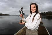27 February 2021; Fermanagh star Eimear Smyth pictured with her 2020 TG4 Junior Players’ Player of the Year award beside Lough Erne in Fermanagh. Photo by Sam Barnes/Sportsfile