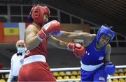 25 February 2021; Naomi Graham of USA, right, and Kachari Bhagyabati of India during their women's middleweight 75kg quarter-final bout at the AIBA Strandja Memorial Boxing Tournament in Sofia, Bulgaria. Photo by Alex Nicodim/Sportsfile