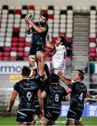 26 February 2021; Rhys Davies of Ospreys wins possession in a line-out during the Guinness PRO14 match between Ulster and Ospreys at Kingspan Stadium in Belfast. Photo by John Dickson/Sportsfile
