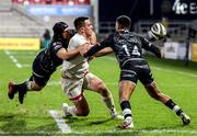 26 February 2021; James Hume of Ulster is tackled by Keenan Giles and Dan Evans of Ospreys during the Guinness PRO14 match between Ulster and Ospreys at Kingspan Stadium in Belfast. Photo by John Dickson/Sportsfile