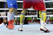 26 February 2021; A detailed view of the boots of Dilshodbek Ruzmetov of Uzbekistan, left, and Maxym Kots of Ukraine during their men's light heavyweight 81kg semi-final bout at the AIBA Strandja Memorial Boxing Tournament in Sofia, Bulgaria. Photo by Alex Nicodim/Sportsfile