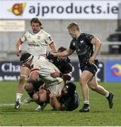 26 February 2021; Marty Moore of Ulster is tackled by Sam Parry and Morgan Morris of Ospreys during the Guinness PRO14 match between Ulster and Ospreys at Kingspan Stadium in Belfast. Photo by John Dickson/Sportsfile