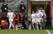 26 February 2021; Jordi Murphy of Ulster leads his side out ahead of the Guinness PRO14 match between Ulster and Ospreys at Kingspan Stadium in Belfast. Photo by John Dickson/Sportsfile