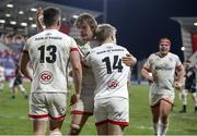 26 February 2021; Rob Lyttle is congratulated by Ulster team-mates Jordi Murphy and James Hume after scoring a try during the Guinness PRO14 match between Ulster and Ospreys at Kingspan Stadium in Belfast. Photo by John Dickson/Sportsfile