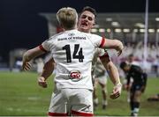26 February 2021; Rob Lyttle, 14, of Ulster is congratulated by team-mates James Hume after scoring a try during the Guinness PRO14 match between Ulster and Ospreys at Kingspan Stadium in Belfast. Photo by John Dickson/Sportsfile