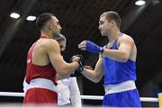26 February 2021; Ruslan Koleshnikov of Russia, right, consoles Gor Nersesyan of Armenia following his victory, by knockout, after their men's light heavyweight 81kg semi-final bout at the AIBA Strandja Memorial Boxing Tournament in Sofia, Bulgaria. Photo by Alex Nicodim/Sportsfile