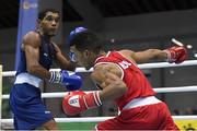 26 February 2021; Havier Ibanes of Bulgaria, right, and Luiz Gabriel Oliveira of Brazil during their men's Featherweight 57kg semi-final bout at the AIBA Strandja Memorial Boxing Tournament in Sofia, Bulgaria. Photo by Alex Nicodim/Sportsfile