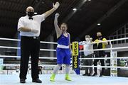 26 February 2021; Nadezhda Ryabets of Kazakhstan celebrates after being declared as victorious in the women's lightweight 60kg semi-final bout at the AIBA Strandja Memorial Boxing Tournament in Sofia, Bulgaria. Photo by Alex Nicodim/Sportsfile