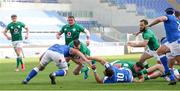 27 February 2021; Jonathan Sexton of Ireland is tackled by Johan Meyer and Paolo Garbisi of Italy during the Guinness Six Nations Rugby Championship match between Italy and Ireland at Stadio Olimpico in Rome, Italy. Photo by Roberto Bregani/Sportsfile