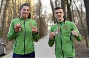 27 February 2021; Aoife O'Rourke of Ireland with her women's middleweight 75kg bronze medal and Brendan Irvine of Ireland with his men's flyweight 52kg bronze medal outside of the Arena Sofia Hall at the AIBA Strandja Memorial Boxing Tournament in Sofia, Bulgaria. Photo by Alex Nicodim/Sportsfile