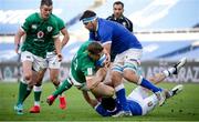 27 February 2021; Garry Ringrose of Ireland is tackled by Carlo Canna and David Sisi of Italy during the Guinness Six Nations Rugby Championship match between Italy and Ireland at Stadio Olimpico in Rome, Italy. Photo by Roberto Bregani/Sportsfile
