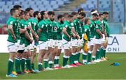 27 February 2021; The Ireland team line up for the national anthems prior to the Guinness Six Nations Rugby Championship match between Italy and Ireland at Stadio Olimpico in Rome, Italy. Photo by Roberto Bregani/Sportsfile