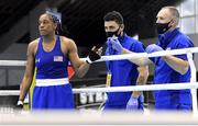 27 February 2021; Naomi Graham of United States in her corner with USA coach Billy Walsh during her women's Middle weight 75kg final bout with Nadezhda Ryabets of Kazakhstan at the AIBA Strandja Memorial Boxing Tournament in Sofia, Bulgaria. Photo by Alex Nicodim/Sportsfile