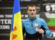 27 February 2021; Dorin Busca of Moldova with his men's featherweight 57kg silver medal at the AIBA Strandja Memorial Boxing Tournament in Sofia, Bulgaria. Photo by Alex Nicodim/Sportsfile