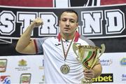27 February 2021; Radoslav Pantaleev of Bulgaria receives the first-place trophy of the AIBA Strandja Memorial Boxing Tournament in Sofia, Bulgaria. Photo by Alex Nicodim/Sportsfile