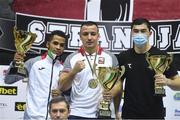 27 February 2021; Havier Ibanez of Bulgaria with the first runner-up trophy, Radoslav Pantaleev of Bulgaria with the first-place trophy, Dilshodbek Ruzmetov of Uzbekistan with the second runner-up trophy at the AIBA Strandja Memorial Boxing Tournament in Sofia, Bulgaria. Photo by Alex Nicodim/Sportsfile
