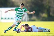 28 February 2021; Dean Williams of Shamrock Rovers in action against Cian Murphy of Cobh Ramblers during the pre-season friendly match between Shamrock Rovers and Cobh Ramblers at Roadstone Group Sports Club in Dublin. Photo by Stephen McCarthy/Sportsfile