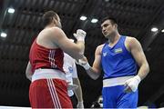 27 February 2021; Bokhodir Jalolov of Uzbekistan, right, with Tsone Rogava of Ukraine after being declared victorious following their men's super heavyweight +91kg final bout at the AIBA Strandja Memorial Boxing Tournament in Sofia, Bulgaria. Photo by Alex Nicodim/Sportsfile