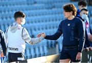 28 February 2021; Alex Soroka of Leinster, right, making his Leinster debut, shakes hands with Chris Cosgrave ahead of the Guinness PRO14 match between Leinster and Glasgow Warriors at the RDS Arena in Dublin. Photo by Ramsey Cardy/Sportsfile