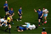 28 February 2021; Harry Byrne of Leinster dives over to score his side's first try despite the tackle of Richie Gray of Glasgow Warriors during the Guinness PRO14 match between Leinster and Glasgow Warriors at the RDS Arena in Dublin. Photo by Harry Murphy/Sportsfile