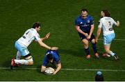 28 February 2021; Harry Byrne of Leinster dives over to score his side's first try despite the tackle of Richie Gray of Glasgow Warriors during the Guinness PRO14 match between Leinster and Glasgow Warriors at the RDS Arena in Dublin. Photo by Harry Murphy/Sportsfile