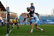 28 February 2021; Cian Kelleher of Leinster is tackled by Cole Forbes of Glasgow Warriors, for which Cole Forbes was shown a yellow card, during the Guinness PRO14 match between Leinster and Glasgow Warriors at the RDS Arena in Dublin. Photo by Ramsey Cardy/Sportsfile