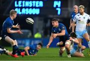 28 February 2021; Scott Penny of Leinster offloads to Jamie Osborne, left, during the Guinness PRO14 match between Leinster and Glasgow Warriors at the RDS Arena in Dublin. Photo by Ramsey Cardy/Sportsfile