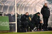 28 February 2021; Robbie Keane, a member of the Shamrock Rovers backroom team, centre, with Shamrock Rovers sporting director Stephen McPhail and Shamrock Rovers coach Glenn Cronin, right, during the pre-season friendly match between Shamrock Rovers and Cork City at Tallaght Stadium in Dublin. Photo by Stephen McCarthy/Sportsfile