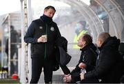 28 February 2021; Robbie Keane, a member of the Shamrock Rovers backroom team, speaks with Cork City manager Colin Helay and coach John Cotter, right, before the pre-season friendly match between Shamrock Rovers and Cork City at Tallaght Stadium in Dublin. Photo by Stephen McCarthy/Sportsfile