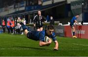 28 February 2021; Luke McGrath of Leinster dives over to score his side's fifth try during the Guinness PRO14 match between Leinster and Glasgow Warriors at the RDS Arena in Dublin. Photo by Ramsey Cardy/Sportsfile