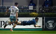 28 February 2021; Luke McGrath of Leinster dives over to score his side's fifth try during the Guinness PRO14 match between Leinster and Glasgow Warriors at the RDS Arena in Dublin. Photo by Harry Murphy/Sportsfile