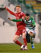 28 February 2021; Graham Burke of Shamrock Rovers in action against Alec Byrne of Cork City during the pre-season friendly match between Shamrock Rovers and Cork City at Tallaght Stadium in Dublin. Photo by Stephen McCarthy/Sportsfile