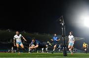 28 February 2021; Luke McGrath of Leinster dives over to score his side's fifth try during the Guinness PRO14 match between Leinster and Glasgow Warriors at the RDS Arena in Dublin. Photo by Ramsey Cardy/Sportsfile