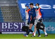 28 February 2021; Harry Byrne of Leinster leaves the pitch for a head injury assessment, assisted by Leinster Senior Rehabilitation Physiotherapist Fearghal Kerin, left, and Leinster Team Doctor Stuart O'Flanagan during the Guinness PRO14 match between Leinster and Glasgow Warriors at the RDS Arena in Dublin. Photo by Ramsey Cardy/Sportsfile