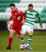 28 February 2021; Graham Burke of Shamrock Rovers and Jack Baxter of Cork City during the pre-season friendly match between Shamrock Rovers and Cork City at Tallaght Stadium in Dublin. Photo by Stephen McCarthy/Sportsfile