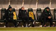 28 February 2021; Shamrock Rovers strength & conditioning coach Darren Dillon, left, Robbie Keane, a member of the Shamrock Rovers backroom team, and Shamrock Rovers sporting director Stephen McPhail, right, during the pre-season friendly match between Shamrock Rovers and Cork City at Tallaght Stadium in Dublin. Photo by Stephen McCarthy/Sportsfile