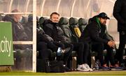 28 February 2021; Robbie Keane, a member of the Shamrock Rovers backroom team, and Shamrock Rovers sporting director Stephen McPhail, right, during the pre-season friendly match between Shamrock Rovers and Cork City at Tallaght Stadium in Dublin. Photo by Stephen McCarthy/Sportsfile