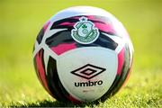 28 February 2021; A general view of an Umbro match ball featuring the Shamrock Rovers club crest during the pre-season friendly match between Shamrock Rovers and Cobh Ramblers at Roadstone Group Sports Club in Dublin. Photo by Stephen McCarthy/Sportsfile