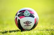 28 February 2021; A general view of an Umbro match ball featuring the Shamrock Rovers club crest during the pre-season friendly match between Shamrock Rovers and Cobh Ramblers at Roadstone Group Sports Club in Dublin. Photo by Stephen McCarthy/Sportsfile