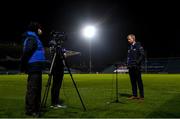 28 February 2021; Leinster Head Coach Leo Cullen is interviewed for Leinster Rugby TV following the Guinness PRO14 match between Leinster and Glasgow Warriors at the RDS Arena in Dublin. Photo by Ramsey Cardy/Sportsfile